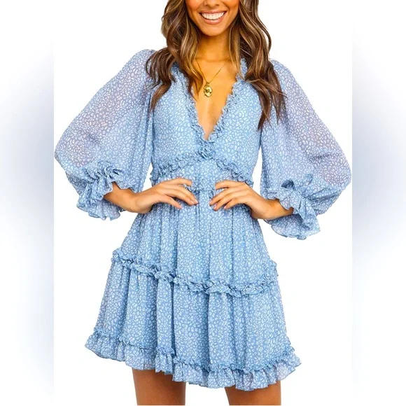 Dresses | Deep V Neck Ruffle Long Sleeve Floral Print Mini Dress | Poshmark